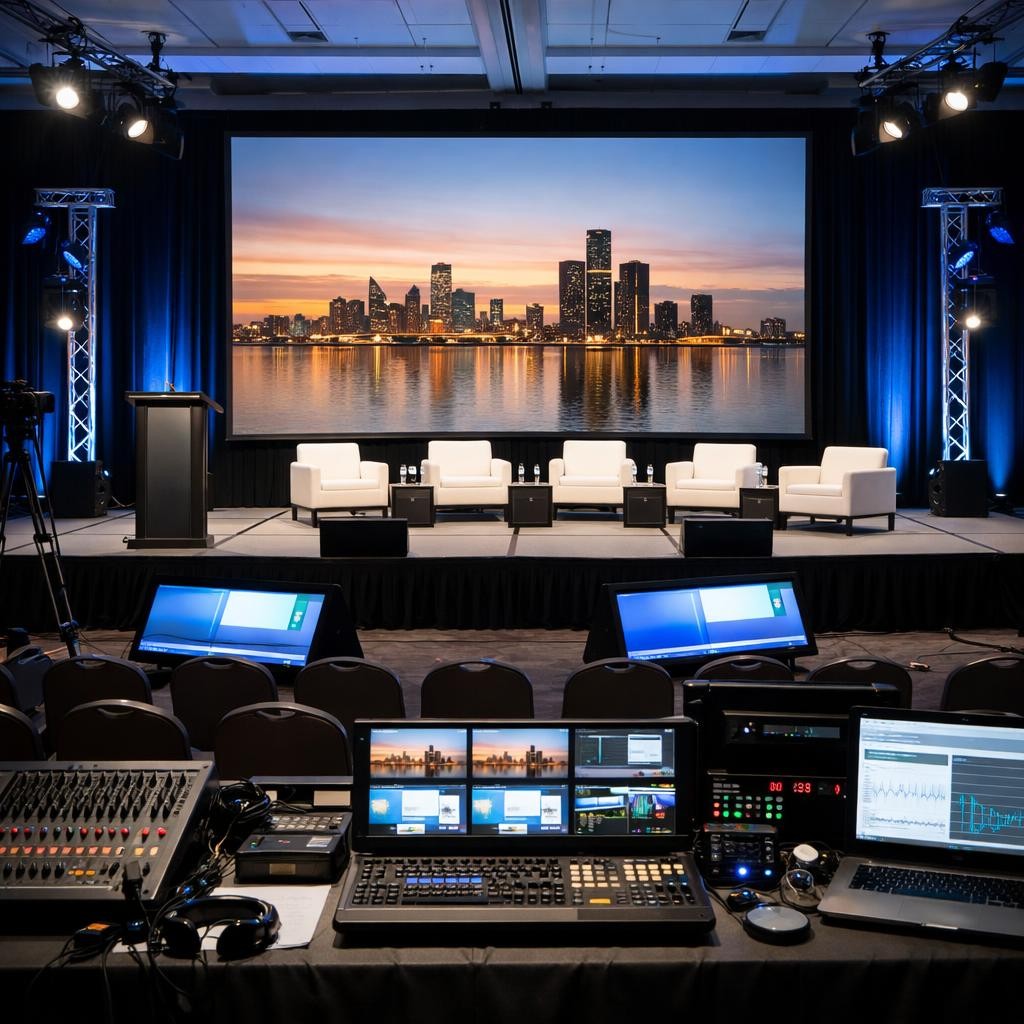 Conference stage with five white chairs, podium, and large city skyline screen